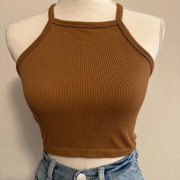 Brown Stretchy Ribbed High Racerback Neck Crop Top Tank Sleeveless Size S/M - Picture 2 of 6